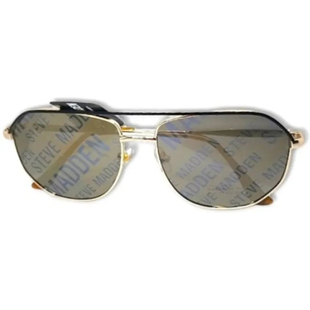 New Steve Madden Sunglasses Logo Printed Mirrored Aviators Black Gold NWT - Picture 3 of 16